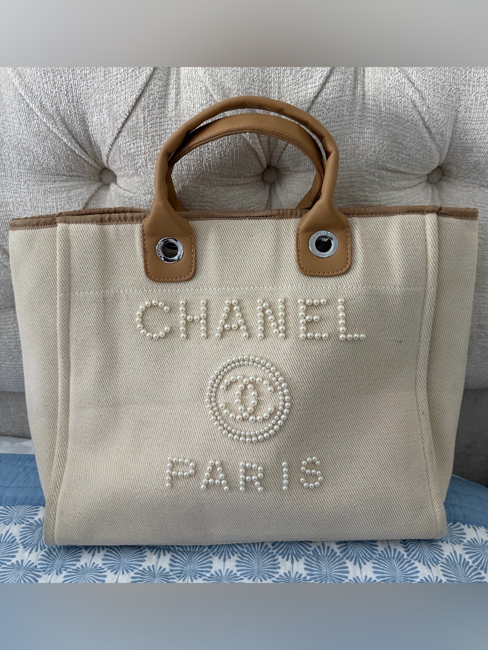 Beige Pearl-Embellished Canvas Tote Bag with Tan Handles